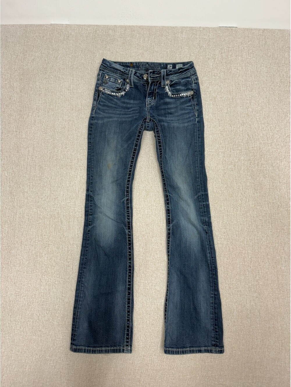 Miss Me Girls Size 14 Medium Wash Rhinestone Crystal Flap Pocket Bootcut Jeans